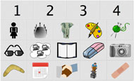 This image shows the first page of the paged layout.  The top row of the layout includes the numbers from 1 to 4, allowing the participant to jump directly to any desired page.  The next three contain five symbols each.  The arrangement of these symbols is exactly the same as the upper-left corner of the single page layout. 