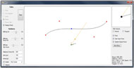 Screenshot of the guidance virtual fixture software running on a personal computer. The screenshot shows a traditional windows application layout. The majority of the layout comprises of an editing panel where a Bezier curve is drawn. A series of points and lines illustrate curtail positions of various elements and the important direction components needed for the calculation of the final output velocity. The left side of the layout contains important editing and parameter tools while the right side of the layout features system information for debugging purposes. 