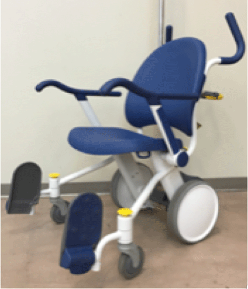 The chair shown on the left on the figure is the Stryker Prime TC. It has an overall length of 40 inches, an overall with of 28.3 inches, and a seat to floor height of 21 inches. The handle bars project upwards from the back of the device with an overall height from floor of 35-45 inches and a diameter of 1.5-2 inches. The device weights 140 lbs with a weight capacity of 500 lbs. The Styker Prime TC has flip up and swing away footrests, is operated by pushing, has a press footplate brake operation, and has a preferred patient entry and exit direction from the front.