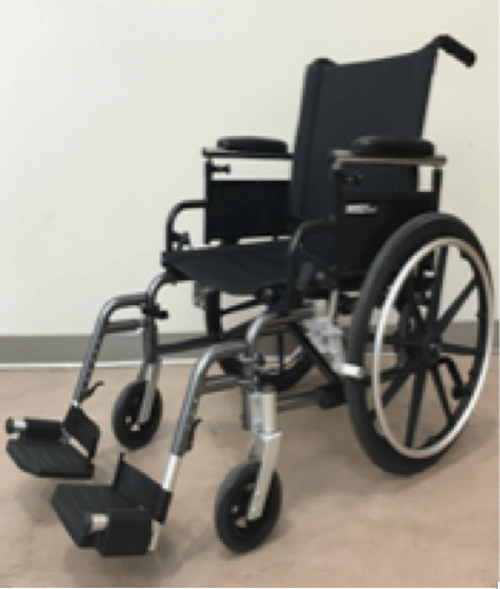 The depot-style chair shown on the right of the figure is the Breezy Ultra 4. It has an overall length of 31.5 inches, an overall with of 25 inches, and a seat to floor height of 20 inches. The handle bars are 38 inches from the floor and have a diameter of 1 inch. The device weights 37 lbs with a weight capacity of 250 lbs. The Breezy depot-chair has swing away footrests, is operated via pushing, uses wheel locks for brake operation, and has a preferred patient entry and exit direction from the front.