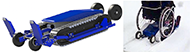 . this is an image of the Freedom Trax device, which is an electrically powered platform with two tracks, upon which a manual wheelchair can be mounted to travel over snow and ice.