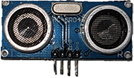 A photo of an HC-SR04 ultrasonic distance sensor shows a distinct transmitting transducer (T) and a receiving transducer (R).