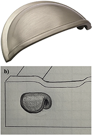 A traditional stainless steel scoop pull in a quarter-dome shape. Sketch of a scoop pull with a scoop that is open on the sides and bottom.