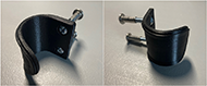 The FlexiPull Drawer Scoop from a front view that shows the inner face of the scoop and the countersunk screw heads. The FlexiPull Drawer Scoop from a back view that shows the outer face of the scoop, reinforced edge detail, and binding barrels.