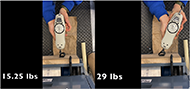 Force gauge reads 15.25 pounds as force is applied to the FlexiPull Drawer Scoop at an angle perpendicular to the face of the drawer. The scoop of the FlexiPull Drawer Scoop is contacting the face of the drawer and cannot flex further.