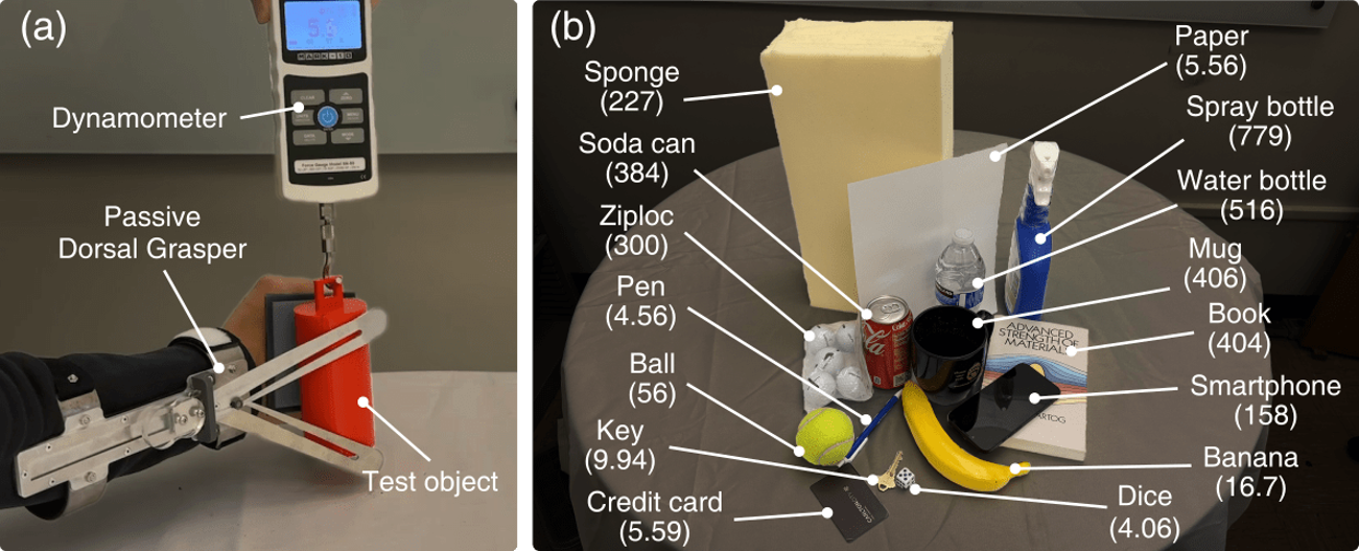 (a) Setup for grip strength measurement, featuring a Passive Dorsal Grasper holding a cylindrical test object while a dynamometer measures the pulling force. (b) Fifteen objects for the ADL Grasp and Manipulation Test, including a sponge, soda can, Ziploc bag, pen, ball, key, credit card, paper, spray bottle, water bottle, mug, book, smartphone, banana, and dice, with their weights listed in grams.
