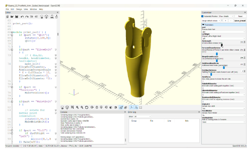 Figure 3: OpenSCAD interface showing the developed script in the code editor (left), the imported forearm model in the 3D view (center), and the user interface control panel (right).