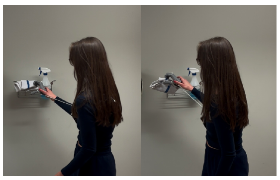 Figure 4: Demonstration of the prototype gripper opening with shoulder slouched forward and to hold an object when shoulders relaxed. 
