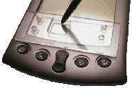 Image shows a photograph of a Palm V device (formerly called a &ldquo;Palm Pilot&rdquo;) with a clear piece of plastic covering the text input area. A square hole has been cut in the plastic which is 1.69 cm on each side, and the stylus (pointer) of the Palm goes through the hole to the Palm touch-sensitive surface. Characters in EdgeWrite are entered by stroking inside the square from corner to corner, along the edges or across the diagonal.