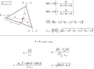 The illustration depicts an equilateral triangle with a red star in the inside. The vertices of the triangle are denoted as P-one, P-two, and P-three. The distance from each vertex to the red star is denoted by D-one, D-two, and D-three. P denotes the red star&rsquo;s position, and its coordinates are determined by adding P-one, the first unit vector multiplied by its respective coefficient, and the second unit vector multiplied by its respective coefficient. 