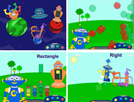 Cosmo&rsquo;s Play and Learn screen shots.  The game&rsquo;s main screen (upper left) is the &ldquo;hub&rdquo;&mdash;here, the child chooses which planet Cosmo will visit (remaning screens).  There are various activities and levels of difficulty on each planet, providing a variety of skill levels, targeted goals, and interests.