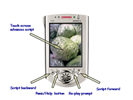 The image displays a front view of the MAPS interface for the person with cognitive disabilities. The IPAQ handheld computer is approximately three inches by five and one half inches. The touch screen of the IPAQ is three and one half inches tall and located in the upper part of the device with a picture of lettuces in a supermarket and a descriptive label saying, &ldquo;Touch Screen advances script&rdquo;. There are four buttons located on the lower part of the front of the IPAQ with labels (from left to right) &ldquo;Script Backward&rdquo;, &ldquo;Panic/help button&rdquo;, &ldquo;Re-play prompt&rdquo;, and &ldquo;Script forward&rdquo;. 