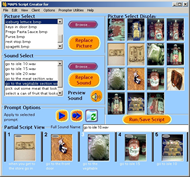 The image displays the MAPS caregiver script editor There is a typical MS windows menu bar at the top with the menu items (left to right) &ldquo;File&rdquo;, &ldquo;Edit&rdquo;, Client&rdquo;, &ldquo;Options&rdquo;, &ldquo;Prompter Utilities&rdquo; &ldquo;Help&rdquo;. The body of the application window is split into three panes, the top one half is split into two and the bottom half is one whole fame.  The upper left frame has controls for selecting the picture and the sound for the script, five prompts of which are displayed in the lower frame. The upper right frame shows &lsquo;thumbprints&rsquo; of the images that can be chosen for the script. 