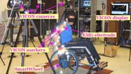 8 VICON Cameras (MCam2, Vicon Peak, Centennial, CO) were placed around the room where experiments took place. Kinematics were measured by recording VICON markers that were located on wheel of wheelchair, and on the subjects’ shoulder, arm, wrist and hand. Kinetics were measured by a SmartWheel&reg; (Three Rivers Holdings LLC, Mesa, AZ), that consisted of a torque sensor attached at center of wheel. EMG electrodes were placed on the shoulder of the individual.