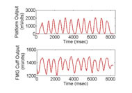  This figure shows the raw signal from an ankle platform designed to measure rotation angle (top), and the FMG signal of the calf muscle (bottom) while a subject flexed the ankle joint 12 times.  The signals were highly correlated (rho=.81). 