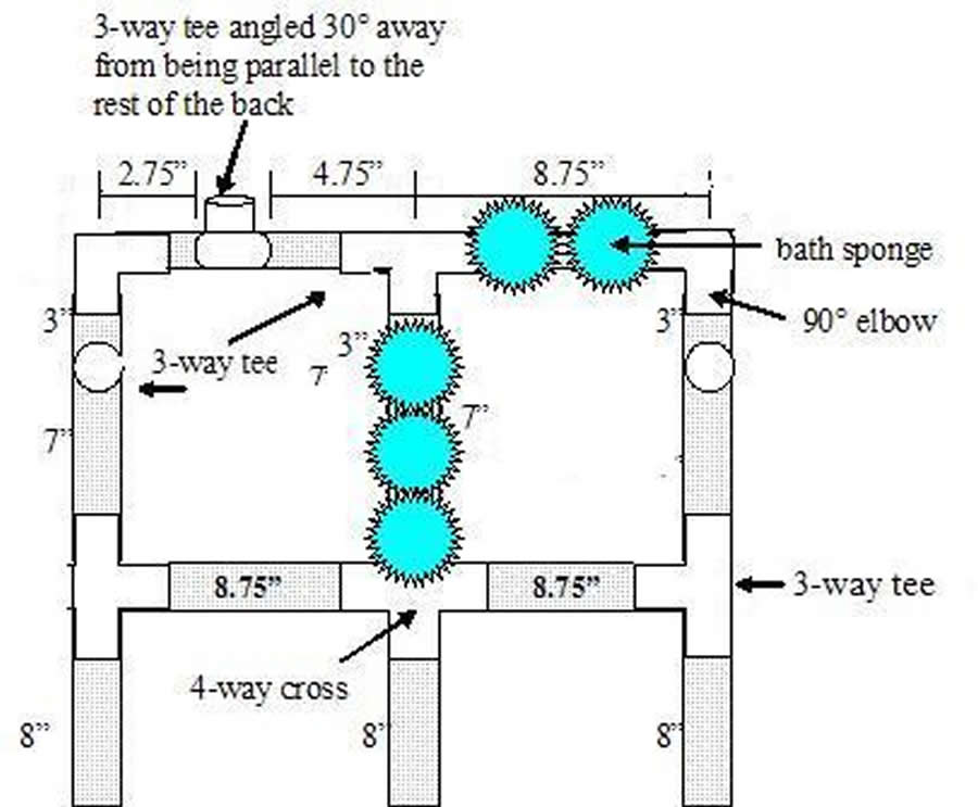 The third layer consists of the back of the chair. It has three vertical pipes with a horizontal crossbar for stability and to prevent the client from falling off the chair if he should slip. There is also an angled 3-way tee on the top rail for the top showerhead. Bath sponges are attached to the middle vertical pipe and to the top horizontal pipe to allow our client to wash his back and head respectively. This layer is attached to the base after it is completely built and after the HDPE seat is attached to the base.