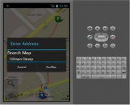 Sample PNS screenshot. Left side has a map with a box to enter address, search map, cancel, and confirm.

The right side has icons for camera, volume up, volume down, off, answer phone, up, down, left, right, hang up phone, home, menue, go back and search.

Underneath these icons is a full qwerty keyboard.