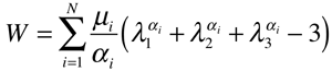Equation 1 is Ogden's formulation for hyperelastic materials' stress and strain model.
Strain energy W is the summation of extension ratio on three axes, x, y and z. 
Each extension ratio lambda has superscript alpha. The alpha corresponds to Poisson's ratio of elastic materials.
Then, summed extension ratio from three axes has minus three.
This summed extension ratio is multiplied with mu over alpha. The mu corresponds to Young's modulus of elastic materials.
