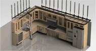 Figure 2: Pictured is a full kitchen CAD model in isometric view with the KitchenBot robot arm reaching into a sink at mid-level. 